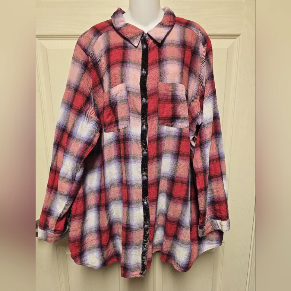 Soft Surroundings Pink Plaid Embroided Back Shirt Plus Size 3X